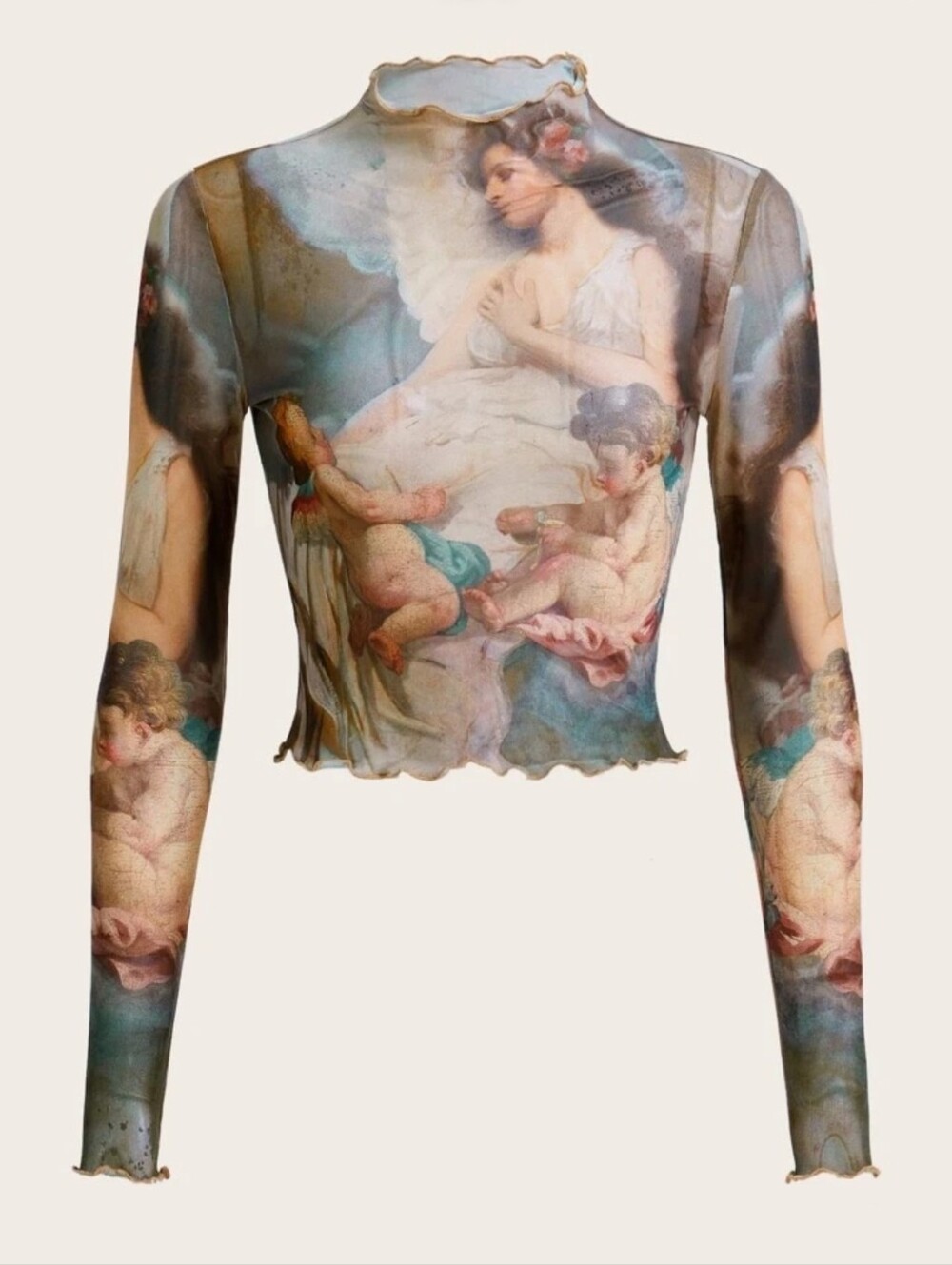 Art Print Long Sleeve Sheer Crop Top - Beige Multi Size S
